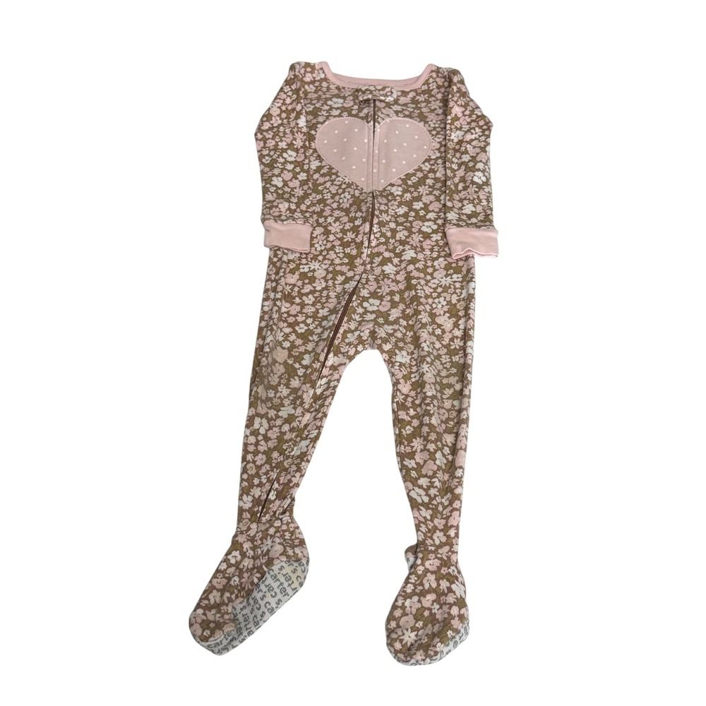 Carters 12M Pink Floral Heart Footed Pajamas‎ Zip Up Sleep Play Cotton